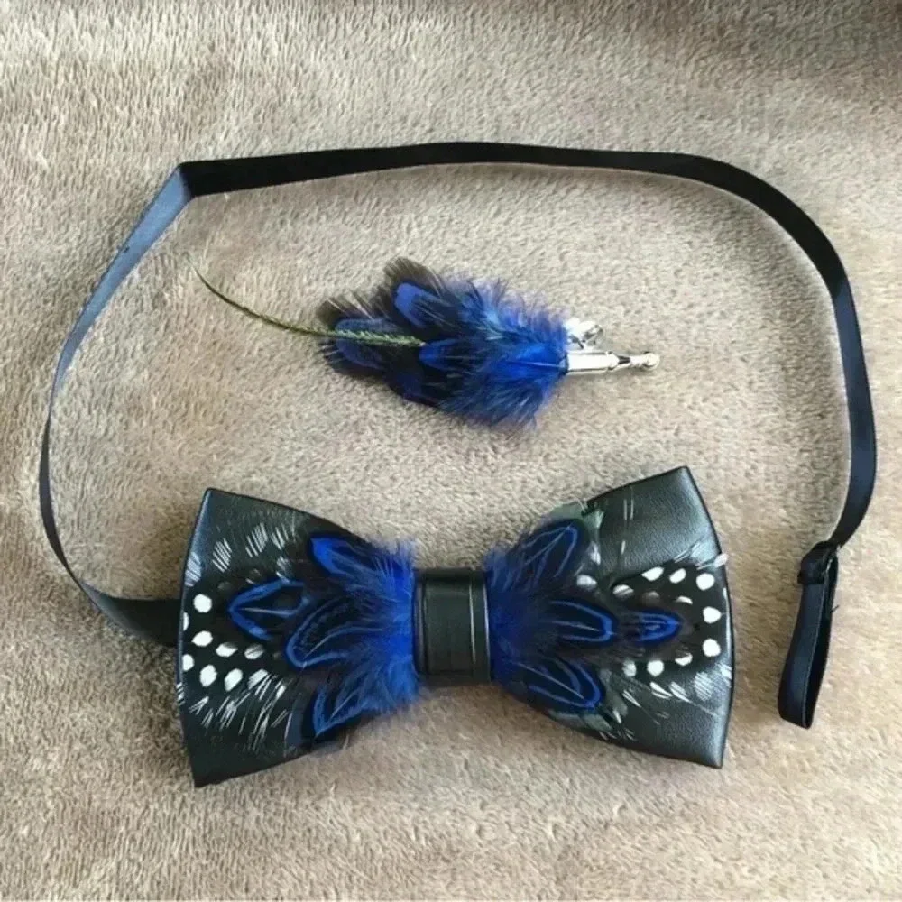 Spotted Black & Cobalt Luxury Leather Feather Bowtie and Lapel Pin Set Italy - Picture 2 of 5